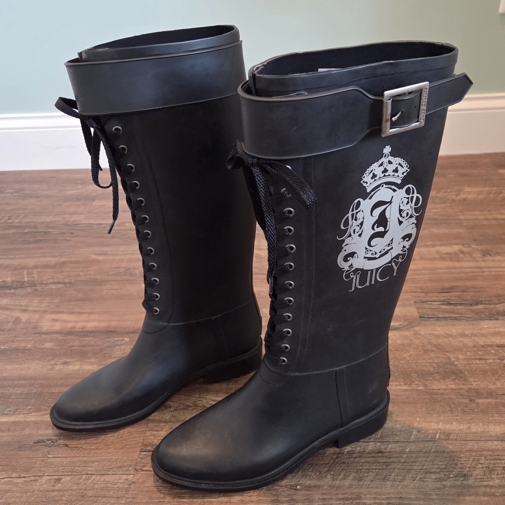 Juicy Couture Black Rain Boots Lace Up Buckle Logo Crown US 8 - Picture 2 of 15